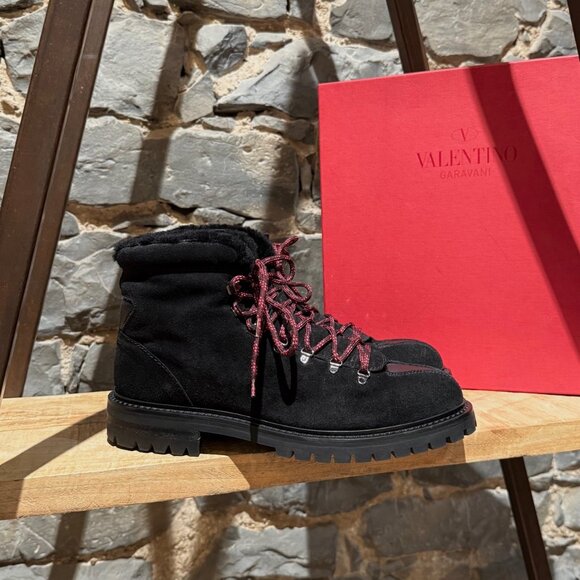 Valentino Black Suede Shearling Lined Winter Hiking Boots - Picture 1 of 13